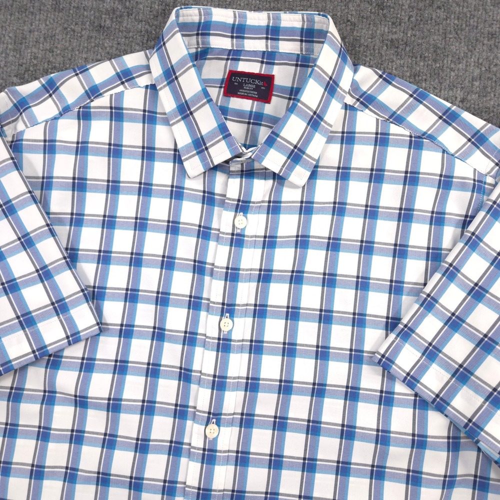 UNTUCKit Shirt Mens L Blue Plaid Booker Performance Slim Fit Short Sleeve Preppy